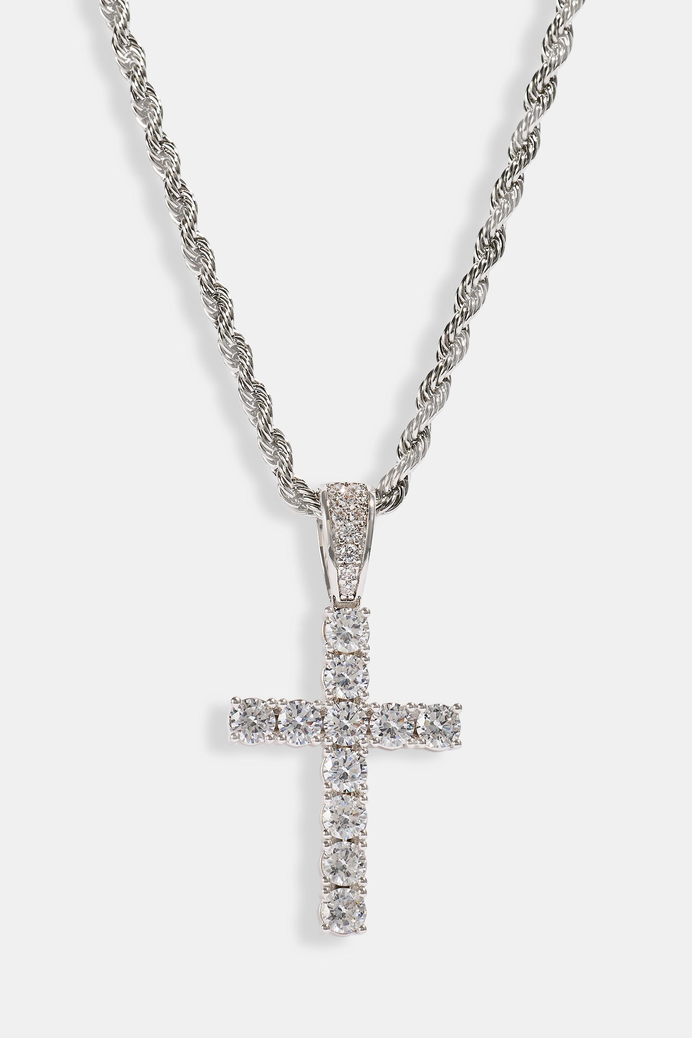 Iced Cross Pendant Rope Necklace - 30mm - White